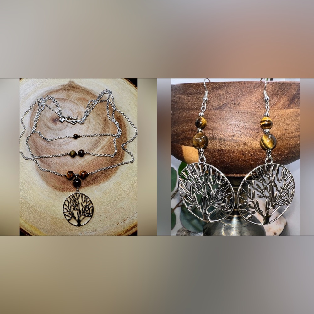 Set: Silver tree of life/Tiger eye necklace triple chain and earrings